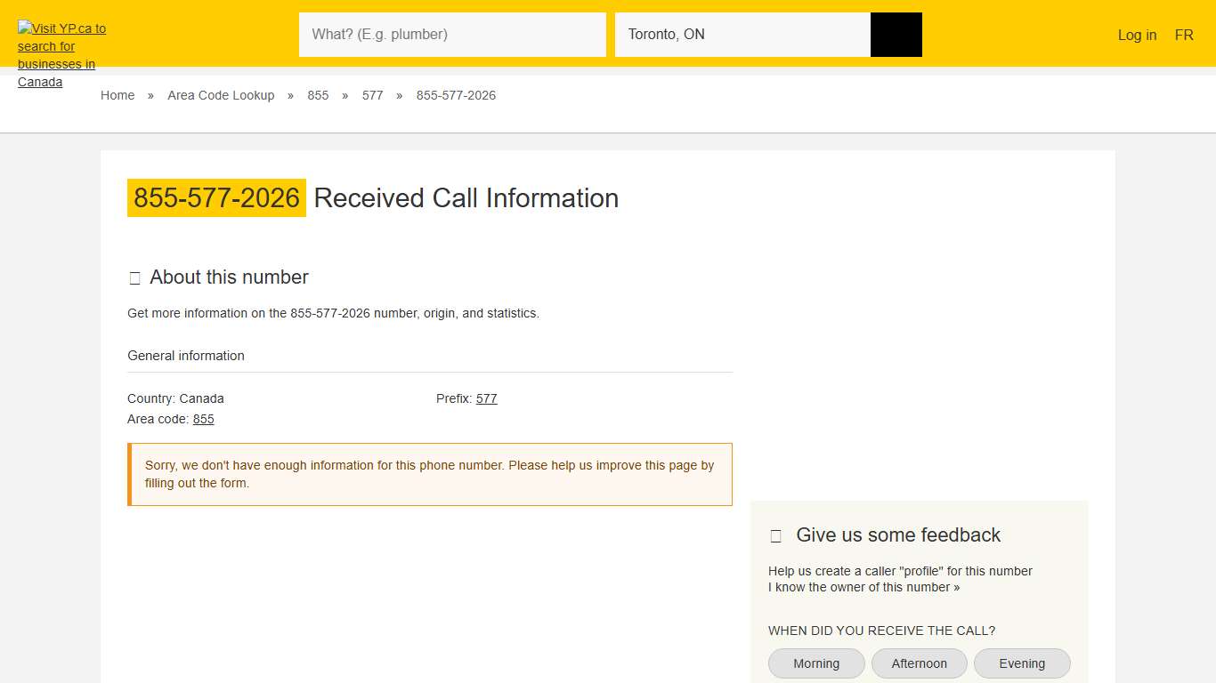 855-577-2026 18555772026 Who called YP.ca